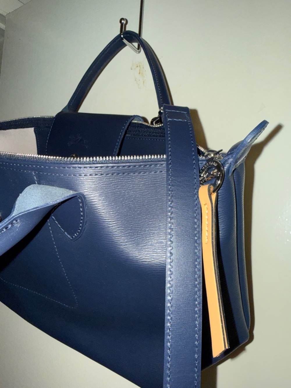 Longchamp Le Pliage City Tote Navy Blue Coated Canvas with Tan Zip Pull - Picture 4 of 5
